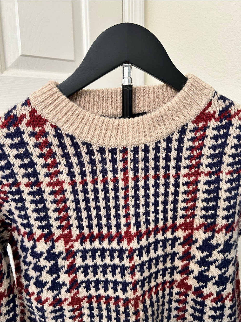 NWT Zara Beige Crewneck Sweater with Navy & Red Plaid - Picture 2 of 11